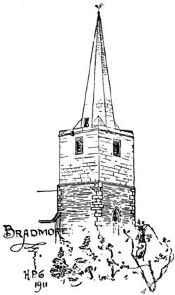 Bradmore church spire (drawing: Harry Gill, 1911).