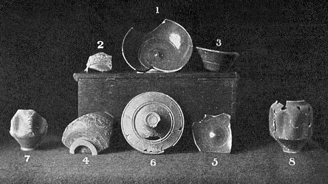 PLATE 1. Romano-British pottery, found at Brough. 1 to 5 Samian Ware; 6 to 8 Durobrivian Ware.