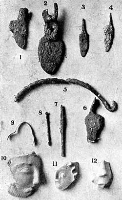 PLATE IV. Romano-British specimens, found at Brough. 1 to 8 iron objects, 9 bronze armilla, 10 to 12 grey ware.