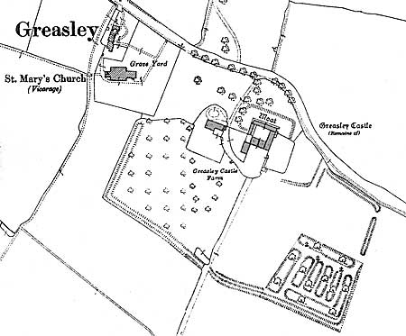 Greasley Castle on the 25" to 1 mile Ordnance Survey map, c. 1900.