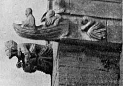 Boat, with figures on a buttress gable.