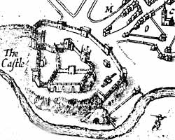Extract of John Speed's map of Nottingham, published in 1610, showing Brewhouse Yard between the River Leen and the Castle.