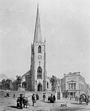 St Peter's Church in the mid-19th century. The old Post Office is on the right.
