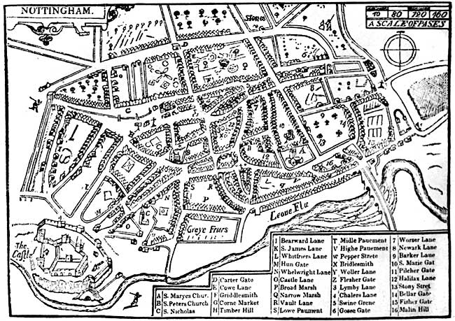 Fig. 1. Speed's plan of Nottingham, published 1610. C shows the only known representation of the medieval church of St. Nicholas.