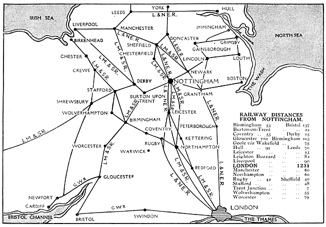 Map showing Nottingham's favourable position as a railway centre and principal lines connecting the City with London and all parts of the Country.