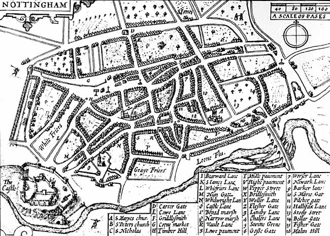 John Speede's map of Nottingham (1610).