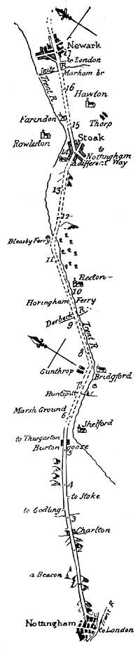 Facsimile of survey of road from Nottingham to Newark.
