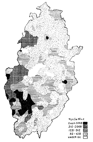 Map showing the distribution of population in Nottinghamshire in 1901. 