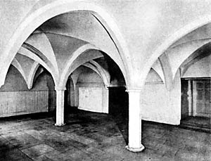 West cloister range; interior of ground floor, Welbeck Abbey.