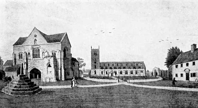 Worksop Priory, church and gatehouse. Before the restoration of the church in 1833.