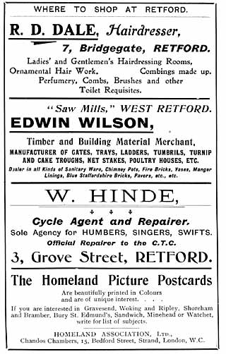 R D Dale (hairdresser); Edwin Wilson (timber and building material merchant); W Hinde (cycle agent and repairer)