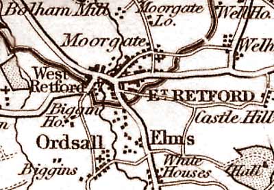 East and West Retford as depicted on J & C Walker's map of Nottinghamshire, published in 1836