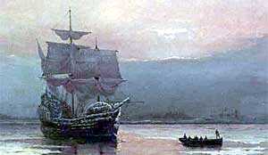 "Mayflower in Plymouth Harbor," by William Halsall (1882). 