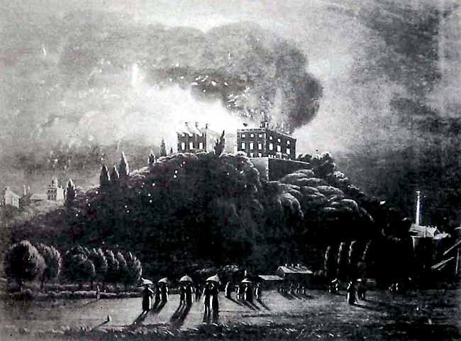 NOTTINGHAM CASTLE IN FLAMES: A contemporary engraving.