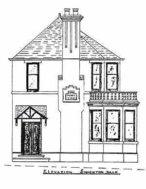 FRONT ELEVATION OF 59 SNEINTON DALE, from building plans submitted in 1906. Points to note are the intended name of the house, and the architect’s spelling.