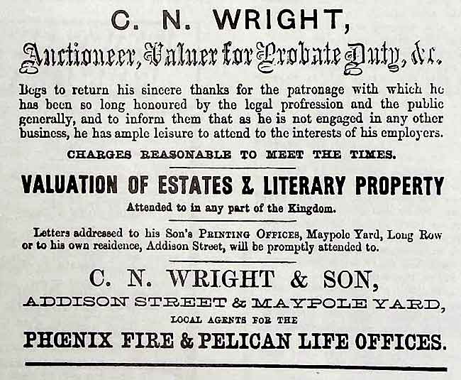 C.N. WRIGHT'S ADVERTISEMENT in Wright's Directory of 1862. As a Printer Wright was doubtless annoyed to discover that his own advertisement contained an embarrassing misprint.