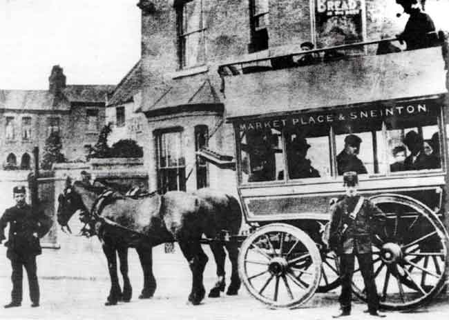 THE SNEINTON HORSEBUS at Thurgarton Street in 1901. In the background are the Lord Nelson pub and houses in Lord Nelson Street.