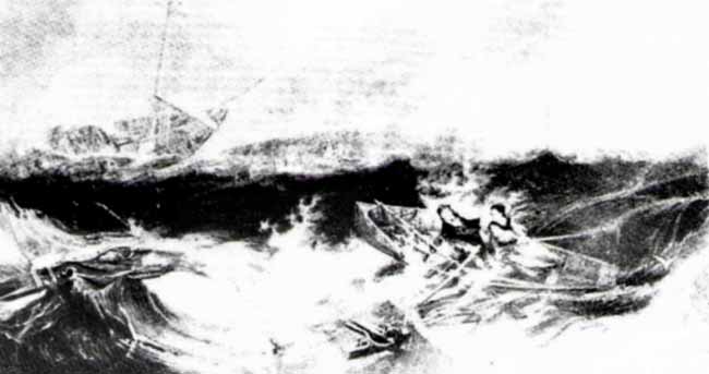THE WRECK OF THE FORFARSHIRE, showing the Darlings rowing out to the stricken vessel;