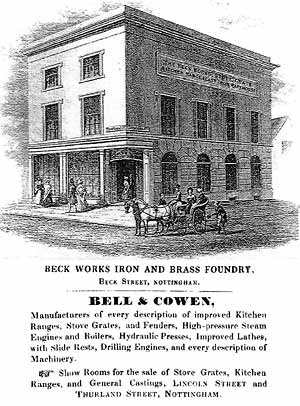 BELL & COWEN'S ADVERTISEMENT in the 1844 directory, showing the showroom at the corner of Thurland Street and Lincoln Street.