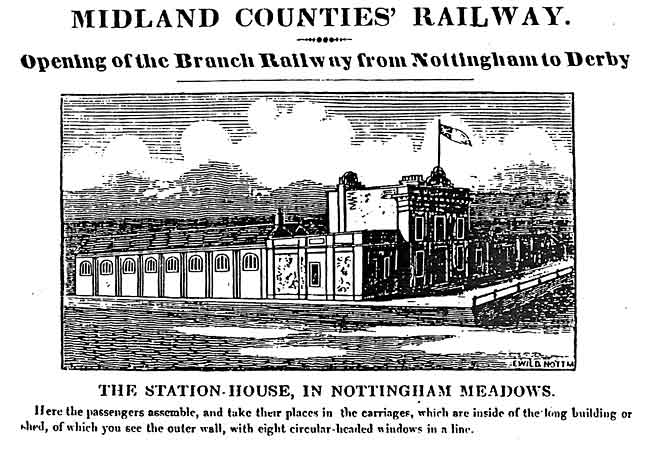 NOTTINGHAM’S FIRST RAILWAY STATION, as depicted in the Nottingham Review on its opening in 1839. Trains to and from Lincoln used it from 1846 to 1848.