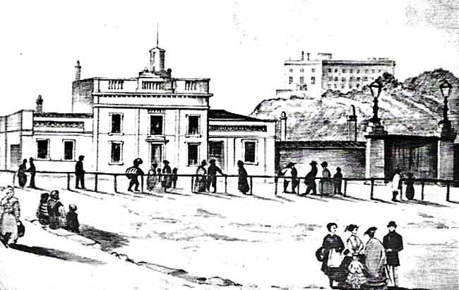 THE FIRST STATION stood to the west of what is now Carrington Street, and south of the canal. A wash drawing of c. 1840.