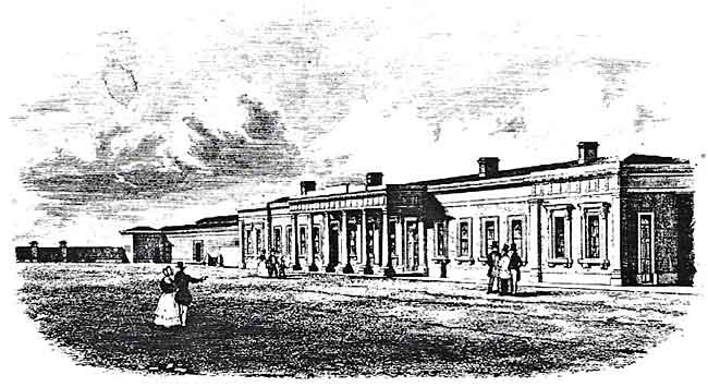 AN ENGRAVING OF THE TOWN'S SECOND STATION, sited with its frontage and offices in Station Street. Its position allowed direct through running between Derby, Nottingham and Lincoln. Opened in 1848, it was superseded in 1904 by an enlarged and rebuilt Midland Station, with entrance in Carrington Street.