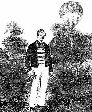 JAMES CHAMBERS'S FATHER, STEPHEN: A painting depicting him with his balloon, from which a trapeze artiste hangs. From the Nottinghamshire Guardian 1925.