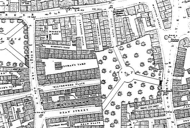 Bottom Ground, Carter Gate, as shown on an Ordnance Survey map of the 1880s. Coronation Buildings occupies the site of the building in Dean Street marked 'Malthouse', and the Ice Stadium was built immediately to the north of it.