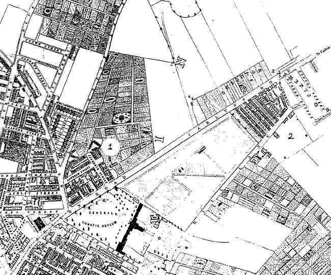CARLTON ROAD in 1861,showing the location of (1) Sneinton Villa and (2) Sneinton Elements: from Salmon’s map of Nottingham.
