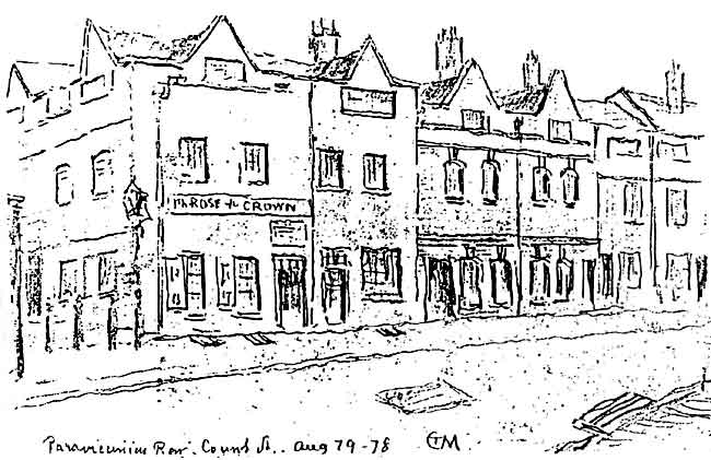 BUILDINGS IN COUNT STREET, formerly Paravicini’s Row, drawn in August 1878 by T C Moore. (Courtesy Nottingham Local Studies Library)