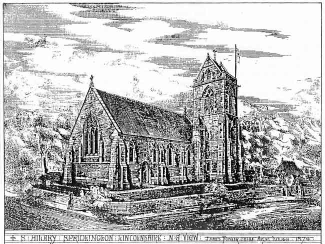 AN ARTIST'S IMPRESSION of SPRIDLINGTON CHURCH in Lincolnshire, built in memory of the Rev. F Hutton. The family gravestones, including that of Vernon Hutton, now stand in a row under the east window.