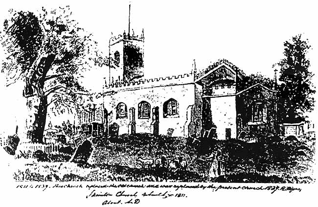SNEINTON CHURCH as visited by A Wanderer: a view by a contemporary artist. The dates written below suggest that the opening of the building took place in 1811, not 1810.