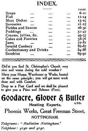 THE CONTENTS PAGE of THE COOKERY BOOK, with the prominent advertisement of the firm who had installed the church heating.