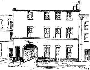 THE FIRST MECHANICS’ INSTITUTION premises in Nottingham, at 17 St James’s Street. John Potchett worked here until the Mechanics’ moved to new premises in 1845. (Drawing by Alice Kiddier).