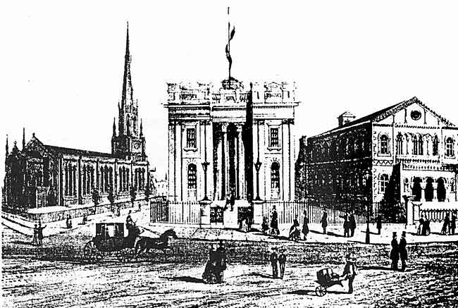 THE NEW MECHANICS’ INSTITUTION premises in Milton Street, opened in January 1845. On the left is Holy Trinity Church, and on the right the Baptist Church which later became part of the Mechanics’.