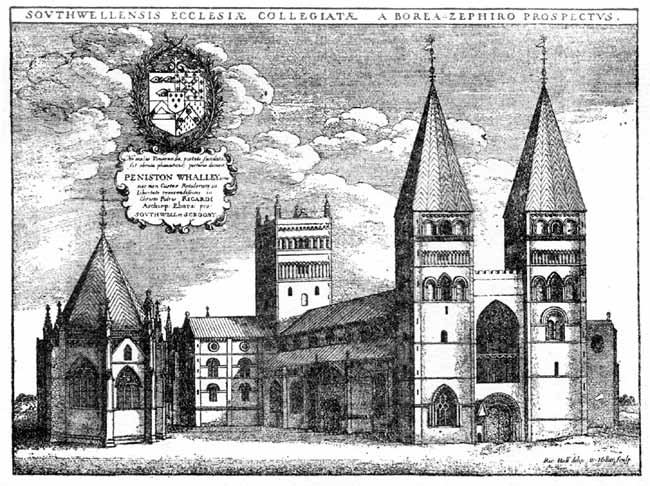 Southwell Minster in 1672. From Hollar's print in Thoroton's 'Nottinghamshire'.