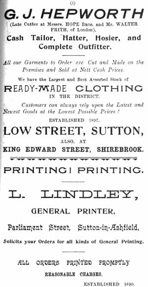 G J Hepworth, Tailor and Outfitter, Low Street, Sutton / L Lindley, Printer, Parliament Street, Sutton-in-Ashfield