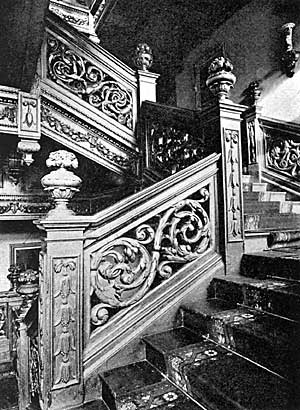 The 17th century staircase at Thrumpton Hall in the 1920s.