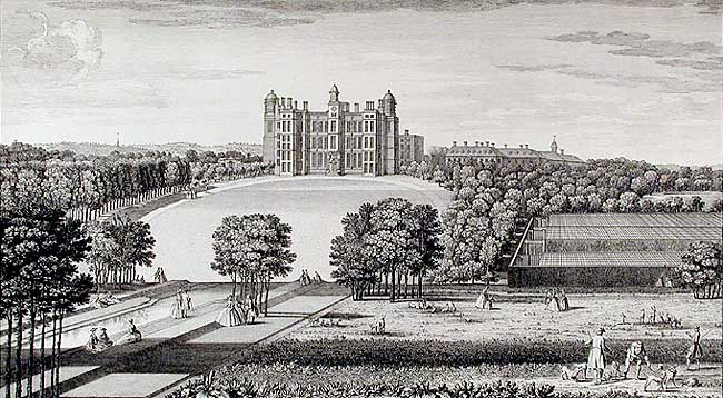 Worksop Manor in the mid-18th century. This house was built in the late 16th century for the sixth Earl of Shrewsbury, and probably designed by Robert Smythson. The building was burnt down in 1761.